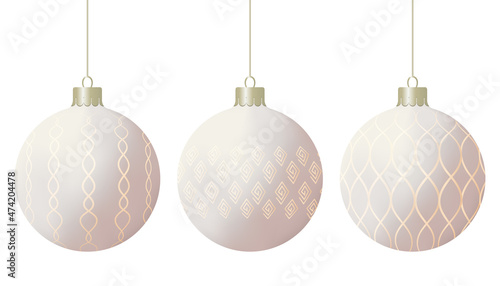 White realistic christmas balls with gold ornament