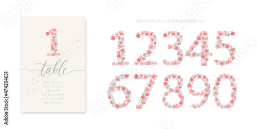 Floral and foliage watercolor number set. Number Monogram. Wedding calligraphy guests seating cards.