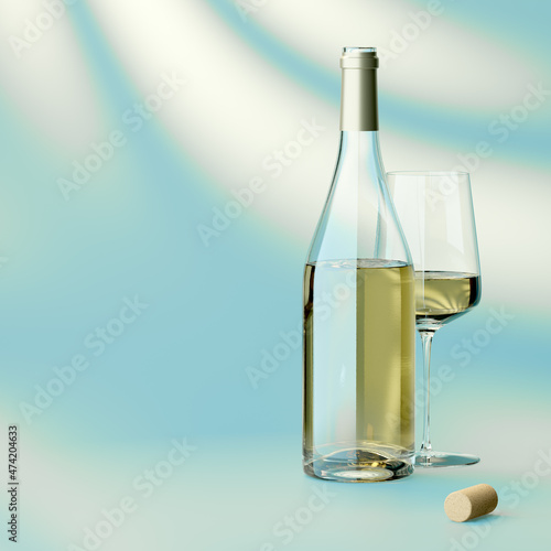 An open bottle of white wine and a glass with white wine stand on an abstract background. 3D mockup.