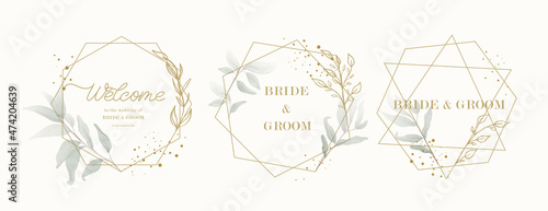 Abstract watercolor floral frame background vector. Watercolor invitation design with leaves, gold geometric frame and watercolor brush strokes.