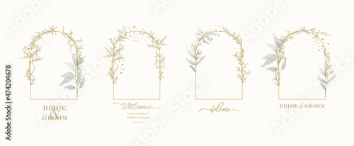 Arch floral frame for invitation design with leaves, gold geometric frame and watercolor brush strokes. Logo design template and monogram concept.