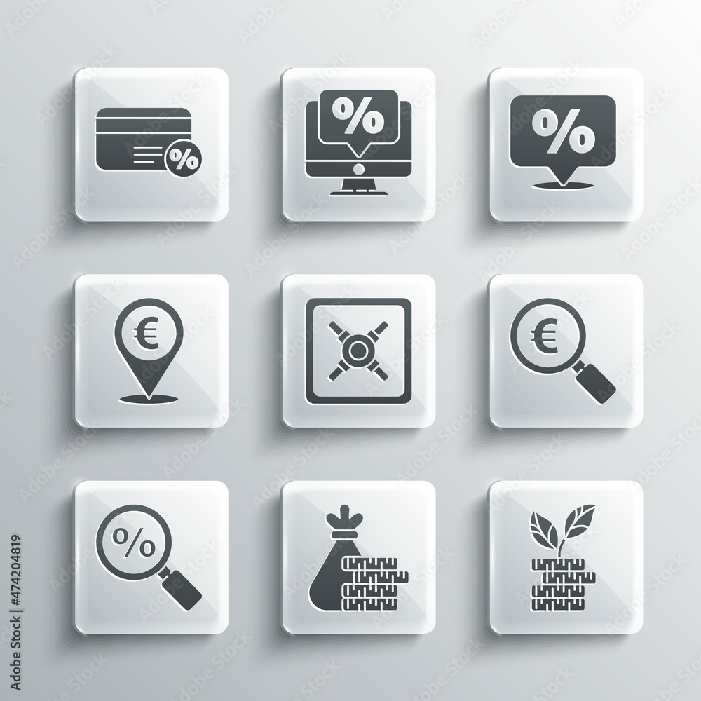 Set Money bag and coin, Dollar plant, Magnifying glass euro, Safe, with percent, Cash location, Discount card and tag icon. Vector Set Money bag and coin, Dollar plant, Magnifying glass euro, Safe, with percent, Cash location, Discount card and tag icon. Vector