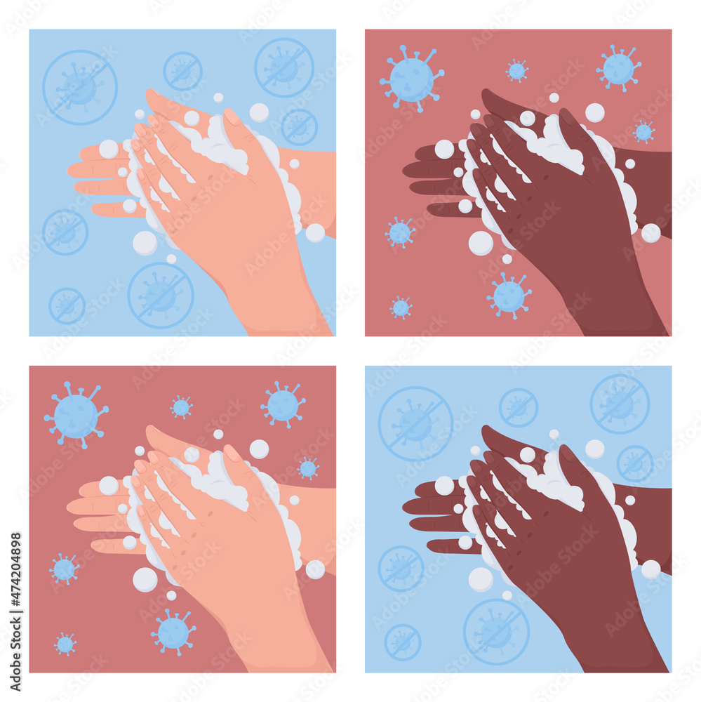 Washing hands for hygiene flat color vector illustration set. Cleansing in water with soap to avoid bacteria. Disinfection to prevent virus 2D cartoon first view hand with abstract background
