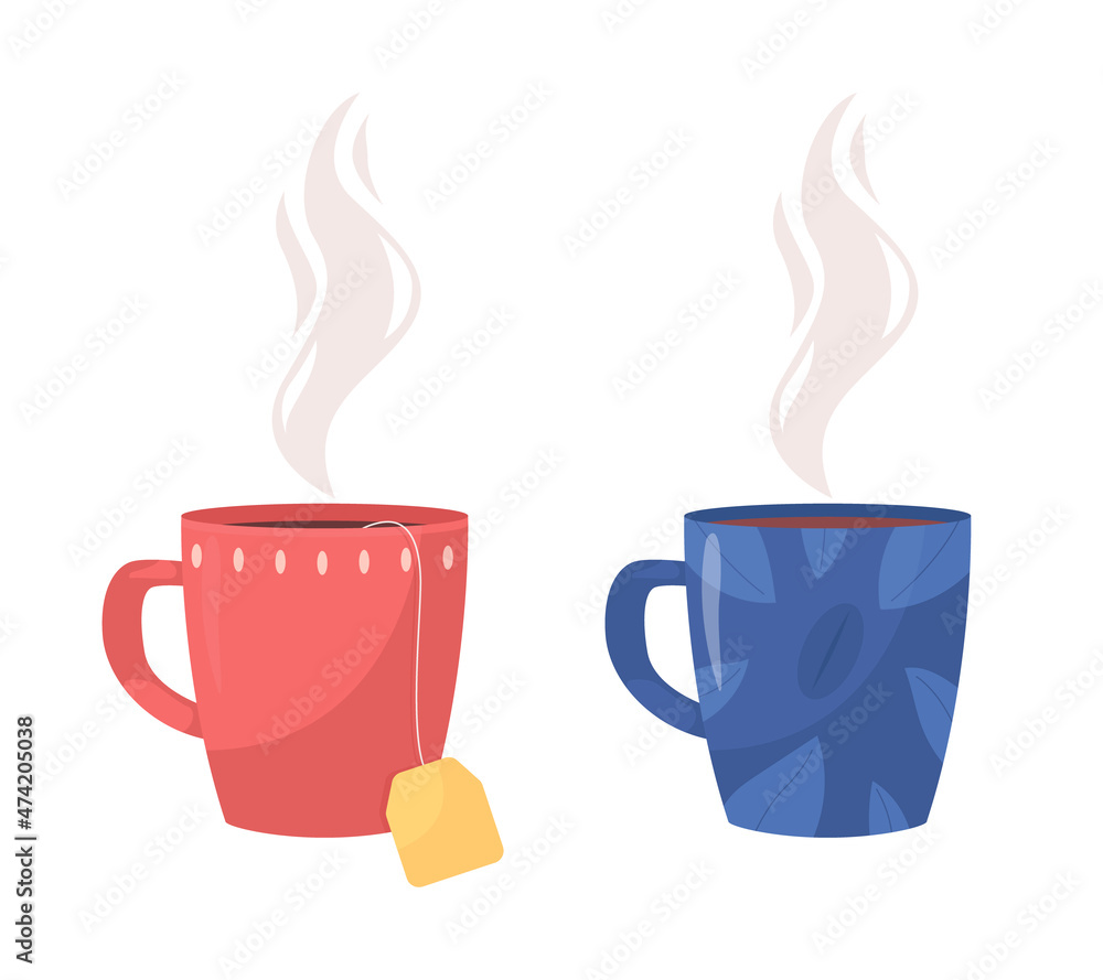 Red and blue tea cup semi flat color vector object set. Full realistic ...