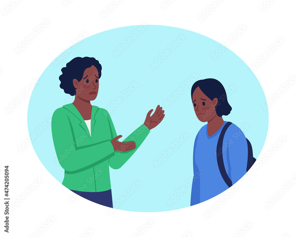 Having difficult conversation with kid 2D vector isolated illustration. Mom talking to upset daughter flat characters on cartoon background. Serious matters discussion colourful scene Having difficult conversation with kid 2D vector isolated illustration. Mom talking to upset daughter flat characters on cartoon background. Serious matters discussion colourful scene