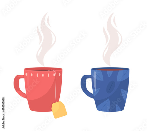 Red and blue tea cup semi flat color vector object set. Full realistic item on white. Steaming flavored drink isolated modern cartoon style illustration for graphic design and animation pack