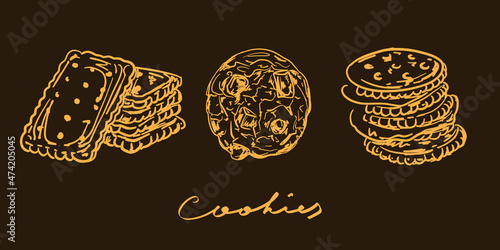 Set of cookies vector illustration on the brown background. Beige lines. Three hand drawn cookies: chocolate chips cookie, crackers, graham digestive biscuits. Stylish design sketch. Bakery shop menu.