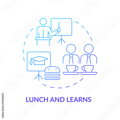 Education during lunch concept icon. Company staff collaborative and educative event abstract idea thin line illustration. Isolated outline drawing. Roboto-Medium, Myriad Pro-Bold fonts used