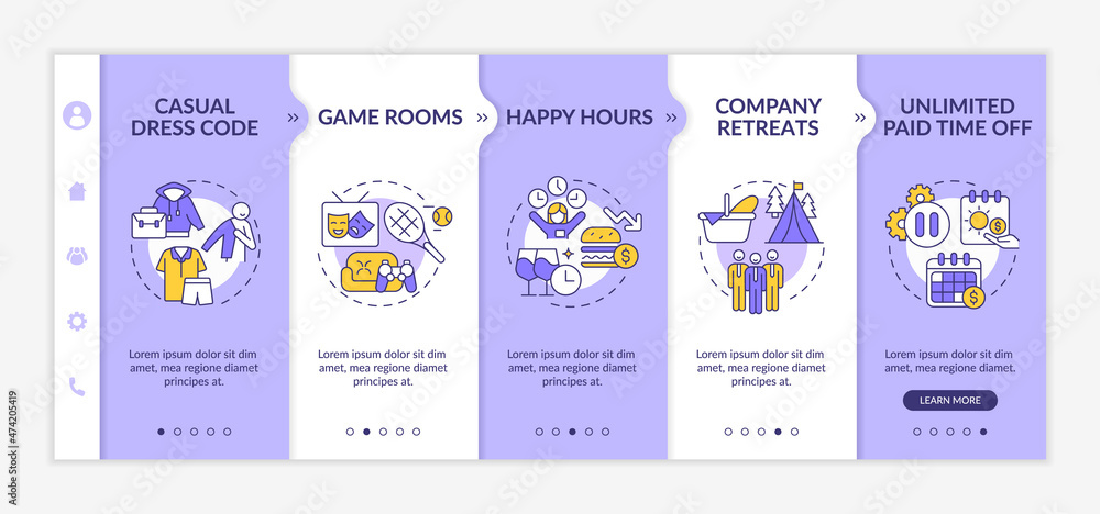 Workplace environment perks onboarding template. Happy hours. Responsive mobile website with linear concept icons. Web page walkthrough 5 step screens. Lato-Bold, Regular fonts used