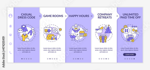 Workplace environment perks onboarding template. Happy hours. Responsive mobile website with linear concept icons. Web page walkthrough 5 step screens. Lato-Bold, Regular fonts used
