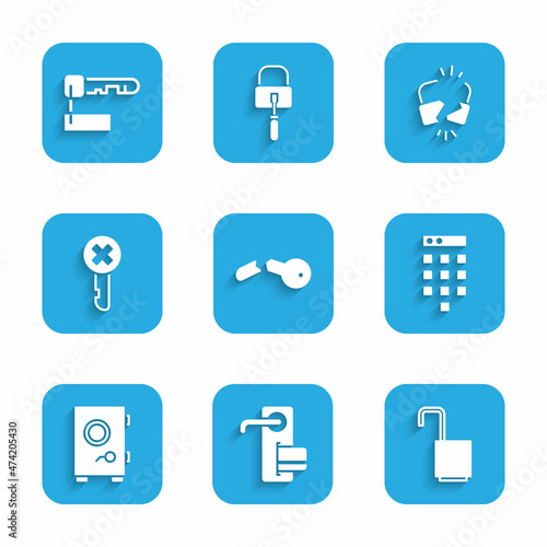 Set Broken key, Digital door lock, Open padlock, Password protection, Safe, Wrong, cracked and Marked icon. Vector