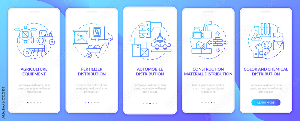 Distributor startup ideas onboarding mobile app page screen. Wholesale walkthrough 5 steps graphic instructions with concepts. UI, UX, GUI vector template with linear color illustrations Distributor startup ideas onboarding mobile app page screen. Wholesale walkthrough 5 steps graphic instructions with concepts. UI, UX, GUI vector template with linear color illustrations