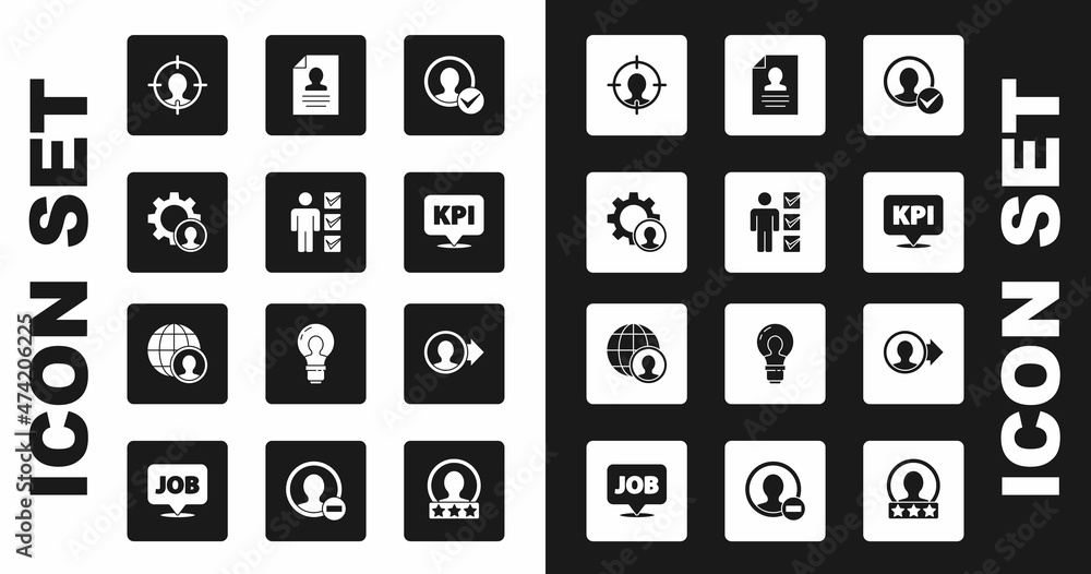 Set Create account screen, User of man in business suit, Head hunting, Key performance indicator, Resume, and Globe and people icon. Vector Set Create account screen, User of man in business suit, Head hunting, Key performance indicator, Resume, and Globe and people icon. Vector