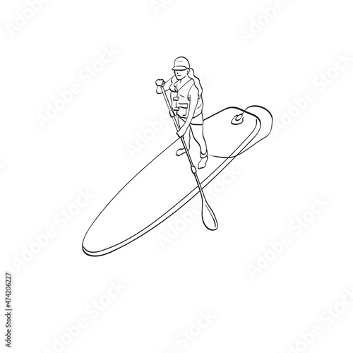 Woman with cap on stand up paddle board or SUP  illustration vector hand drawn isolated on white background line art.