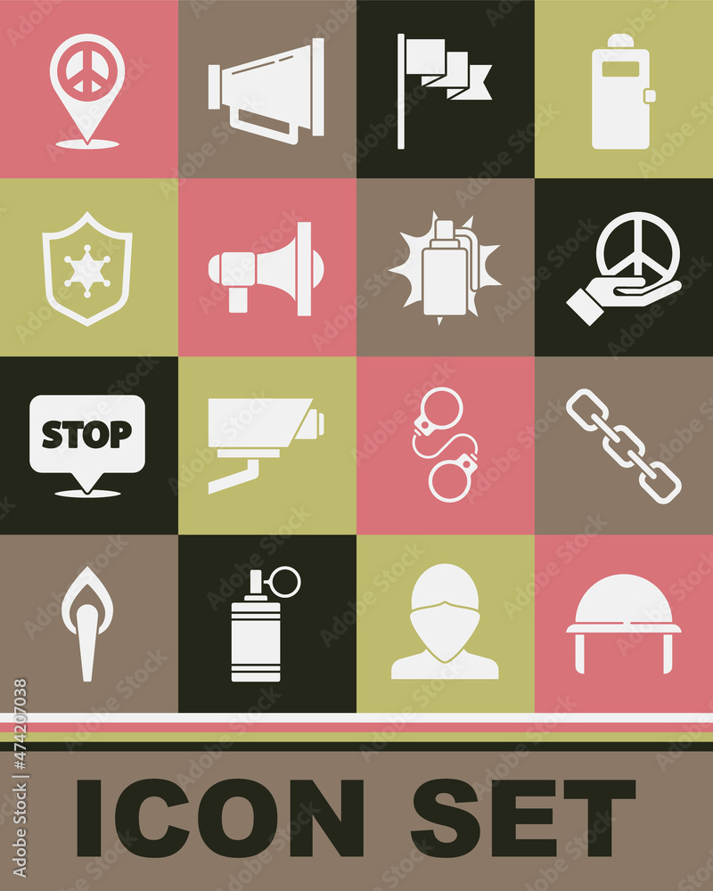 Set Military helmet, Chain link, Peace, Location marker, Megaphone, Police badge, peace and Hand grenade icon. Vector Set Military helmet, Chain link, Peace, Location marker, Megaphone, Police badge, peace and Hand grenade icon. Vector