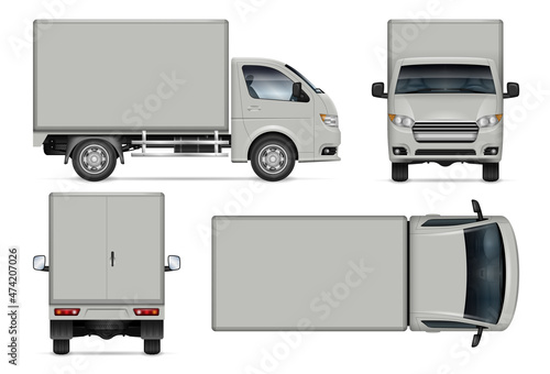Small box truck vector mockup on white background for vehicle branding, corporate identity. View from side, front, back, top. All elements in the groups on separate layers for easy editing and recolor