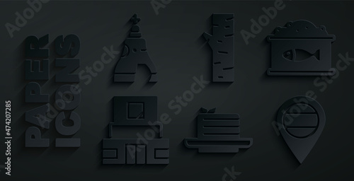 Set Medovik, Tin can with caviar, Mausoleum of Lenin, Location Russia, Birch tree and The Tsar bell icon. Vector