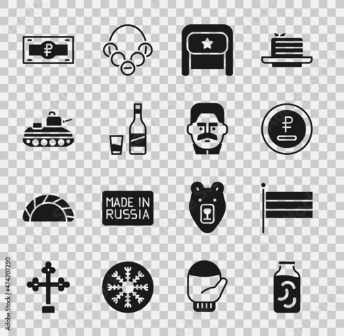 Set Pickled cucumbers in a jar, National Russia flag, Rouble, ruble currency, Ushanka, Bottle of vodka with glass, Military tank, Russian banknote and Joseph Stalin icon. Vector