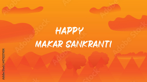 Happy Makar Sankranti illustration of a background of sunset in the mountains