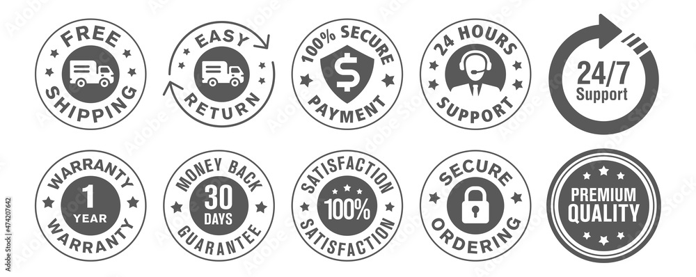Collection of e-commerce security icons for free shipping, easy return, secure ordering, etc. isolated on white background. 
