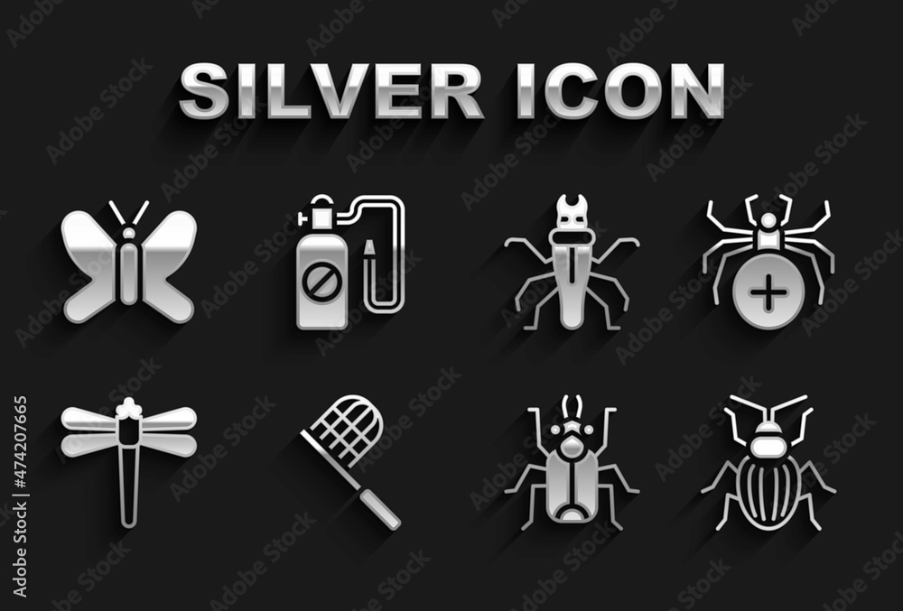 Set Butterfly net, Spider, Chafer beetle, Beetle bug, Dragonfly, Termite, and Pressure sprayer icon. Vector Set Butterfly net, Spider, Chafer beetle, Beetle bug, Dragonfly, Termite, and Pressure sprayer icon. Vector