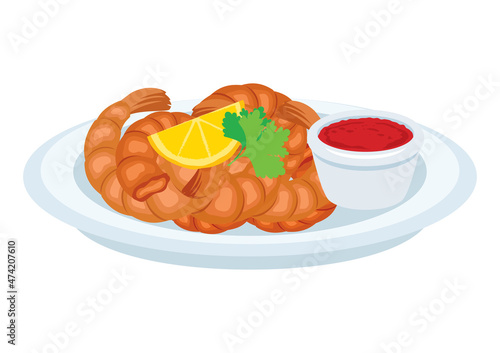 Fried shrimp food with dip sauce vector. Seafood on a plate icon isolated on a white background. Prawns icon vector
