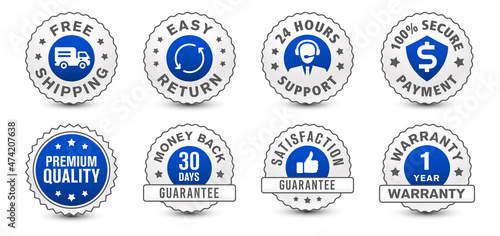 Premium quality, secure payment, free shipping, easy return, customer support along with various important powerful badges set isolated on white background for e-commerc and online shipping experience