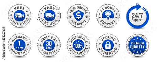 Free shipping, easy return, customer support along with various important badges set isolated on white background for e-commerce and online shipping experience. Vector design.  
