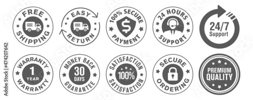 Collection of e-commerce security icons for free shipping, easy return, secure ordering, etc. isolated on white background. 