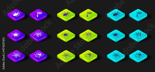 Set Mosquito, Stink bug, Spider, Butterfly net and Beetle deer icon. Vector