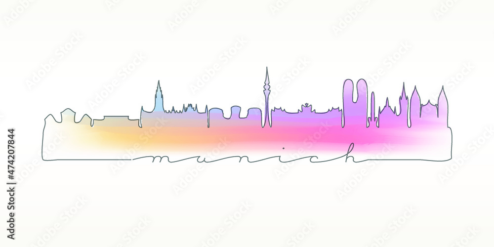 Munich, Germany Skyline Watercolor City Illustration. Famous Buildings Silhouette Hand Drawn Doodle Art. Vector Landmark Sketch Drawing.