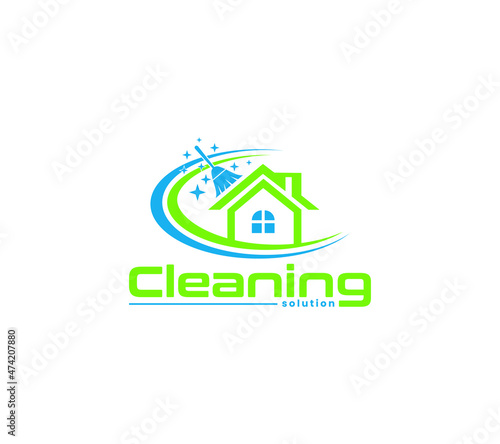 Home cleaning logo with water, drop, washer, detergent and cleaning service.