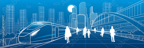 Transport infrastructure panorama, people waiting for train on railway station, locomotive move, pedestrian bridge, modern city on background, business buildings, urban skyline, vector design art