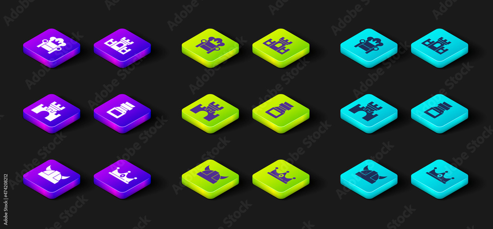 Set Viking in horned helmet, King crown, Castle, fortress, Poison bottle, and Medieval throne icon. Vector Set Viking in horned helmet, King crown, Castle, fortress, Poison bottle, and Medieval throne icon. Vector
