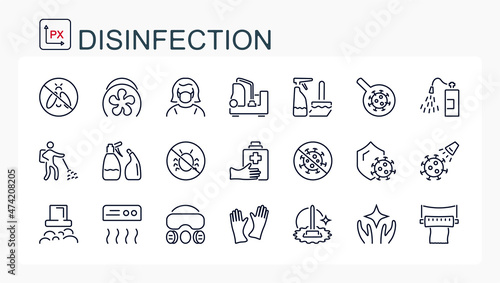 A set of illustrations, icons from a thin line disinfection, cleaning. Isolated, editable.