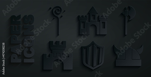 Set Shield, Medieval axe, Castle, fortress, Viking in horned helmet, and Magic staff icon. Vector