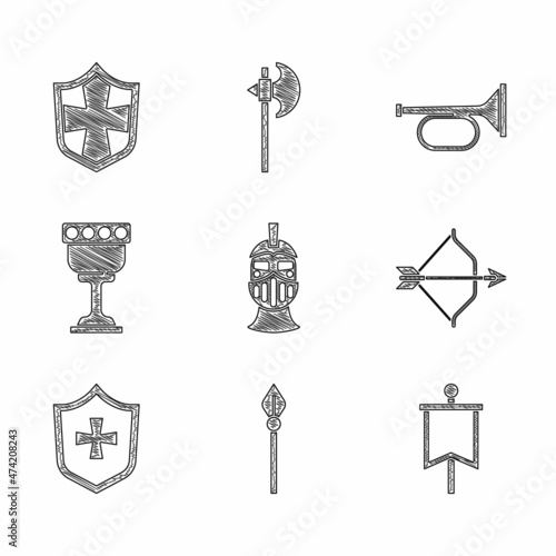 Set Medieval iron helmet, spear, flag, bow and arrow, Shield, goblet, Trumpet and icon. Vector