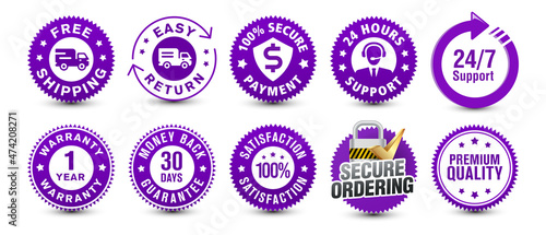 Free shipping, easy return, customer support along with various important purple-colored badges isolated on white background for eCommerce and online shipping experience. vector design.  