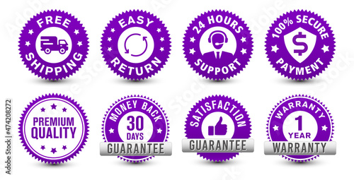Money back, warranty, 24-hour support, etc. different types of online e-commerce security purple badges isolated on white background. 
