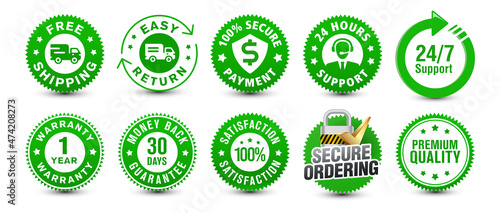 Free shipping, easy return, customer support along with various important green colored badges isolated on white background for e-commerce and online shipping experience. vector design.  
