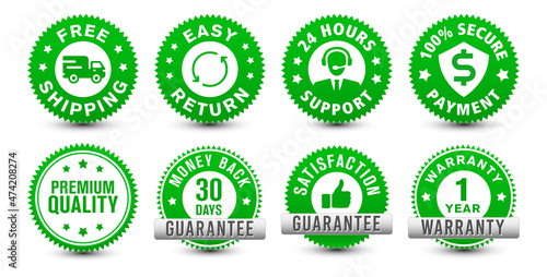 Money back, warranty, 24-hour support, etc. different types of online e-commerce security green badges isolated on white background. 
