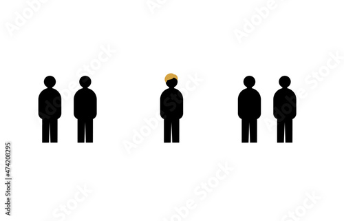 People in a minimalistic style. Icons. People are different from one person with different hair. Outcast. Difference in hair color and appearance between people. Vector Stock Illustration.