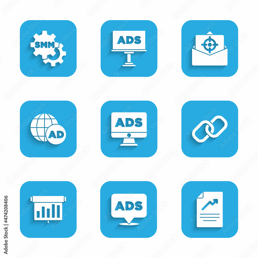 Set Advertising, Document with graph chart, Chain link, Board, Mail and e-mail and Social media marketing icon. Vector Set Advertising, Document with graph chart, Chain link, Board, Mail and e-mail and Social media marketing icon. Vector