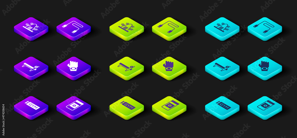 Set Location gym, Anabolic drugs, Bench with barbel, Smart watch hand, Jump rope and Metal rack weights icon. Vector Set Location gym, Anabolic drugs, Bench with barbel, Smart watch hand, Jump rope and Metal rack weights icon. Vector