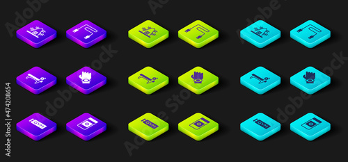 Set Location gym, Anabolic drugs, Bench with barbel, Smart watch hand, Jump rope and Metal rack weights icon. Vector