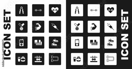 Set Heart rate, Bodybuilder muscle, Medal, Sport expander, Doping syringe, Barbell, sneakers and Music player icon. Vector