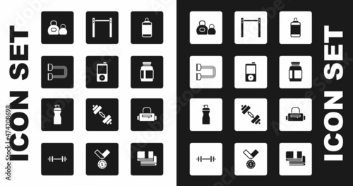Set Punching bag, Music player, Chest expander, Kettlebell, Sports nutrition, Horizontal bar, and Fitness shaker icon. Vector