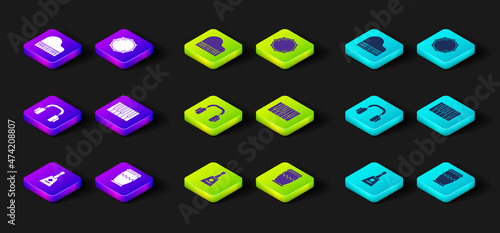 Set Balalaika, Drum, Headphones, Grand piano, Dial knob level and icon. Vector