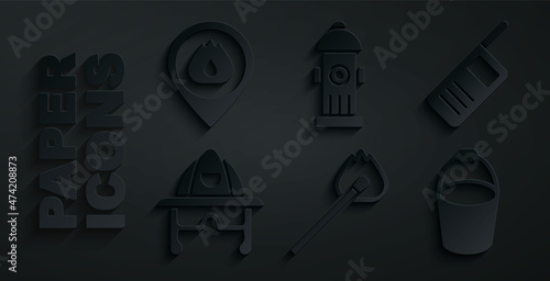 Set Burning match with fire, Walkie talkie, Firefighter helmet, bucket, hydrant and Location flame icon. Vector