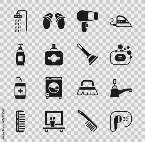 Set Shower, Water tap, Bar of soap, Hair dryer, Perfume, Bottle liquid, and Rubber plunger icon. Vector